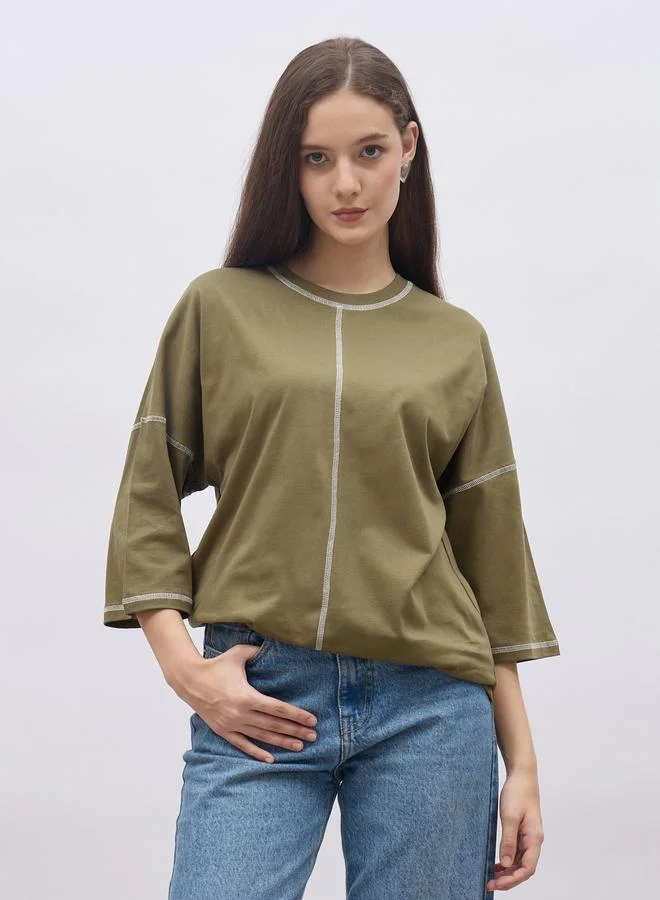 ستايلي Styli Oversized Short Sleeve T-Shirt with Contrast Stitch Detail