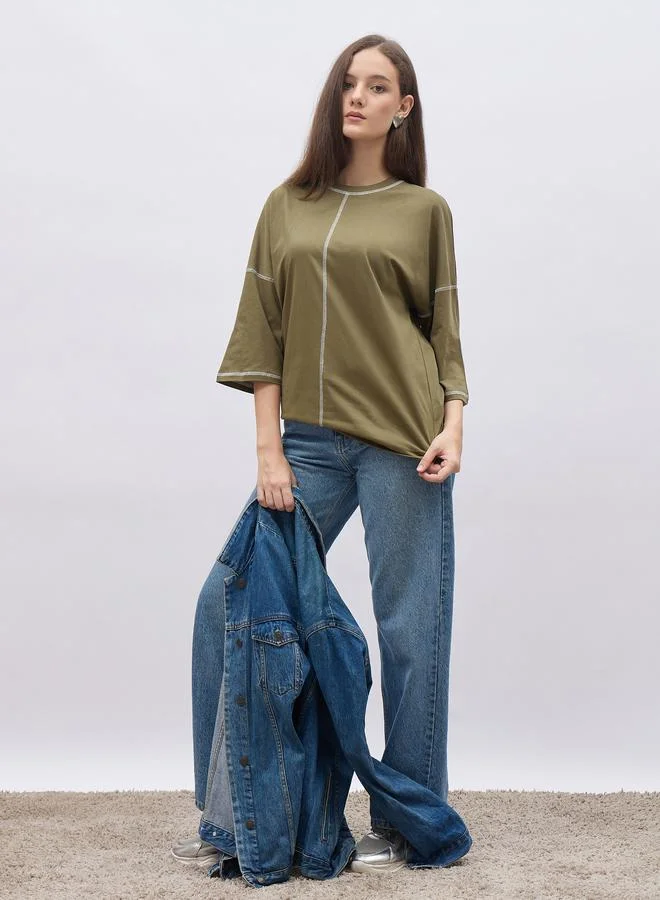 ستايلي Styli Oversized Short Sleeve T-Shirt with Contrast Stitch Detail