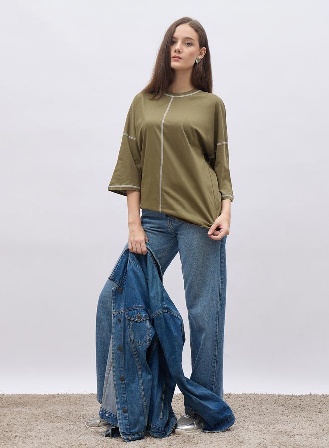 Styli Oversized Short Sleeve T-Shirt with Contrast Stitch Detail - Image 2