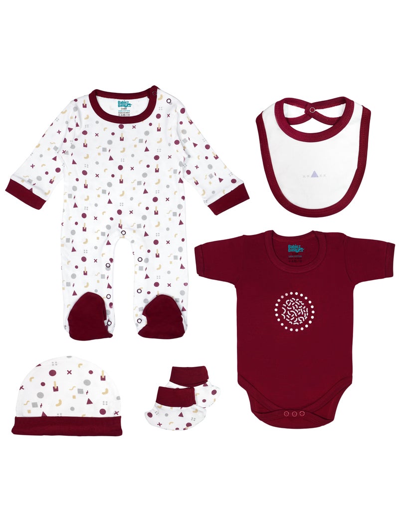 Babies Basic 5 piece Unisex 100% Cotton Sets include Bib, Romper, Mittens, Cap and Sleepsuit/Jumpsuit - Image 1