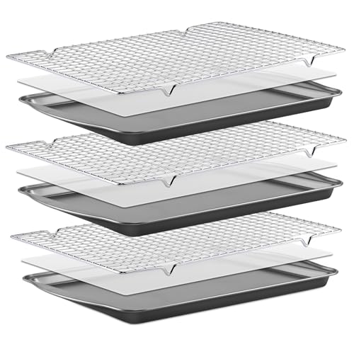 BEWOS Baking Sheet Pans With Racks Set - Including 17.6 × 12 × 1.26 Inch Carbon Steel Baking Sheet, Set of 106 (3 Sheets + 3 Cooling Racks + 100 Parchment Paper), Nonstick Bakeware sets for Baking - Image 1