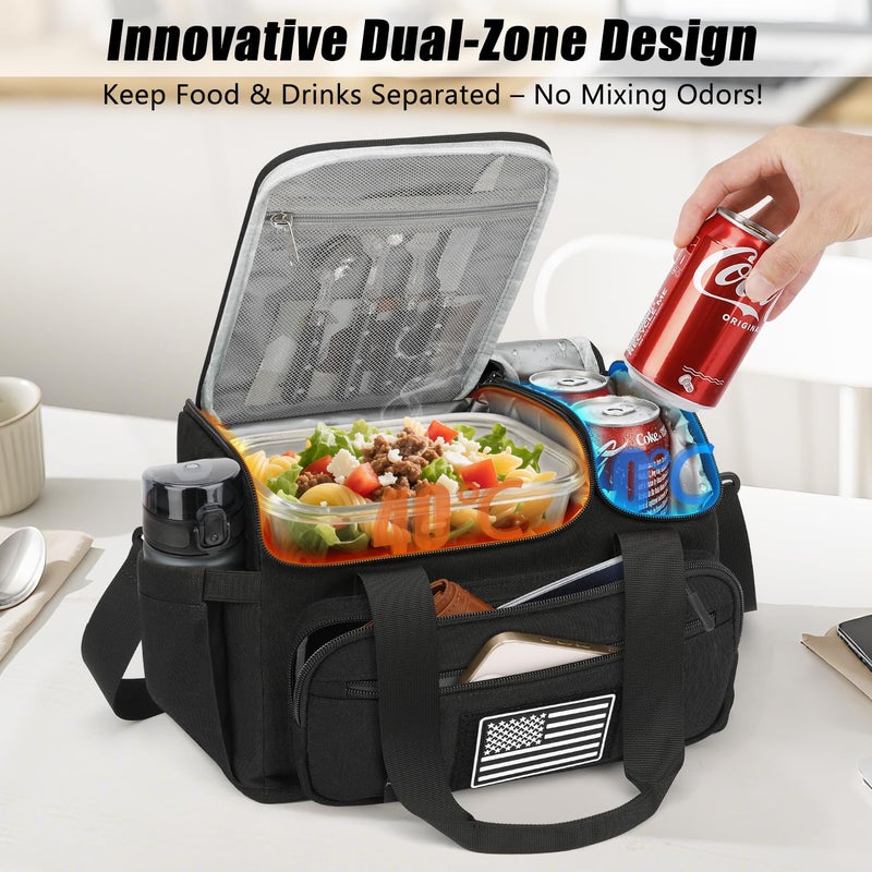 ETRONIK Tactical Lunch Bag for Men, 15L Insulated Lunch Box with Hot/Cold Compartments, Men's Lunch Box Fits 3 Meals + Snacks, Adult Lunch 8H Cooler Bags for Work, Hiking, Beach, Gym, Black - Image 2
