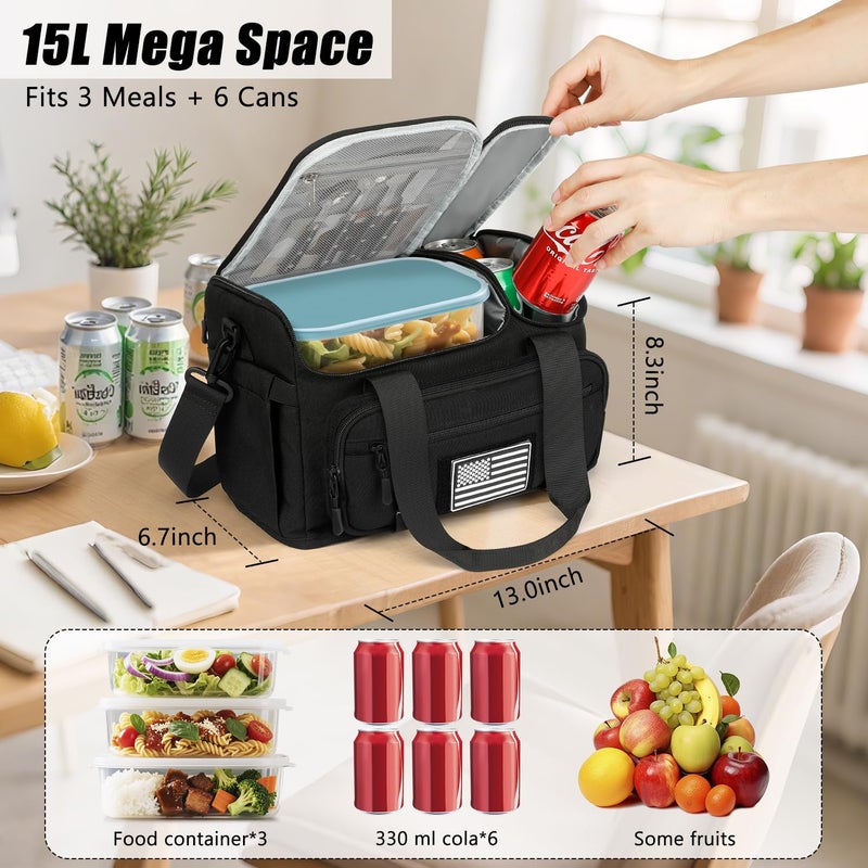 ETRONIK Tactical Lunch Bag for Men, 15L Insulated Lunch Box with Hot/Cold Compartments, Men's Lunch Box Fits 3 Meals + Snacks, Adult Lunch 8H Cooler Bags for Work, Hiking, Beach, Gym, Black - Image 5
