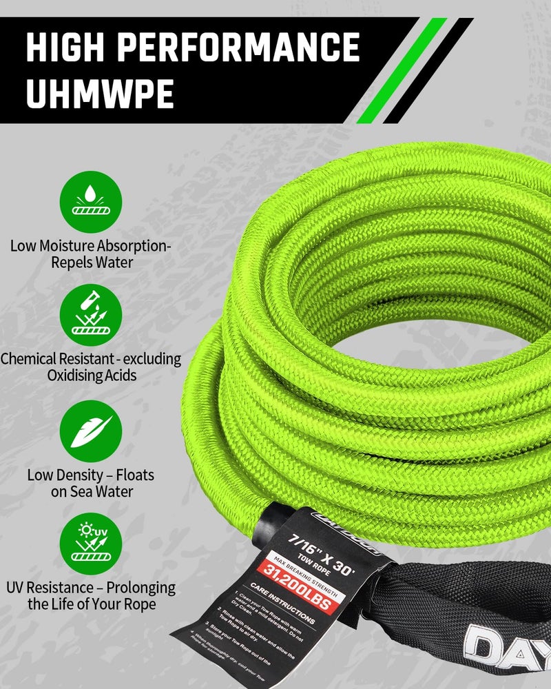 DAYDOOR Recovery Tow Rope Kit with 2 Soft Shackles, 7/16 Inch x 30 ft 31,200 Lbs UHMWPE Tow Strap, Synthetic Towing Rope Recovery Kit for ATV, UTV, SUV, Cars (Green) - Image 5