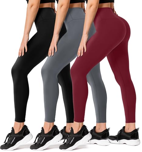 FULLSOFT 3 Pack Leggings for Women Womens Leggings Workout High Waisted Tummy Comtrol Black Lightweight Yoga Pants for Running Dance (Black, Dark Grey, Wine,Large-X-Large) - Image 1