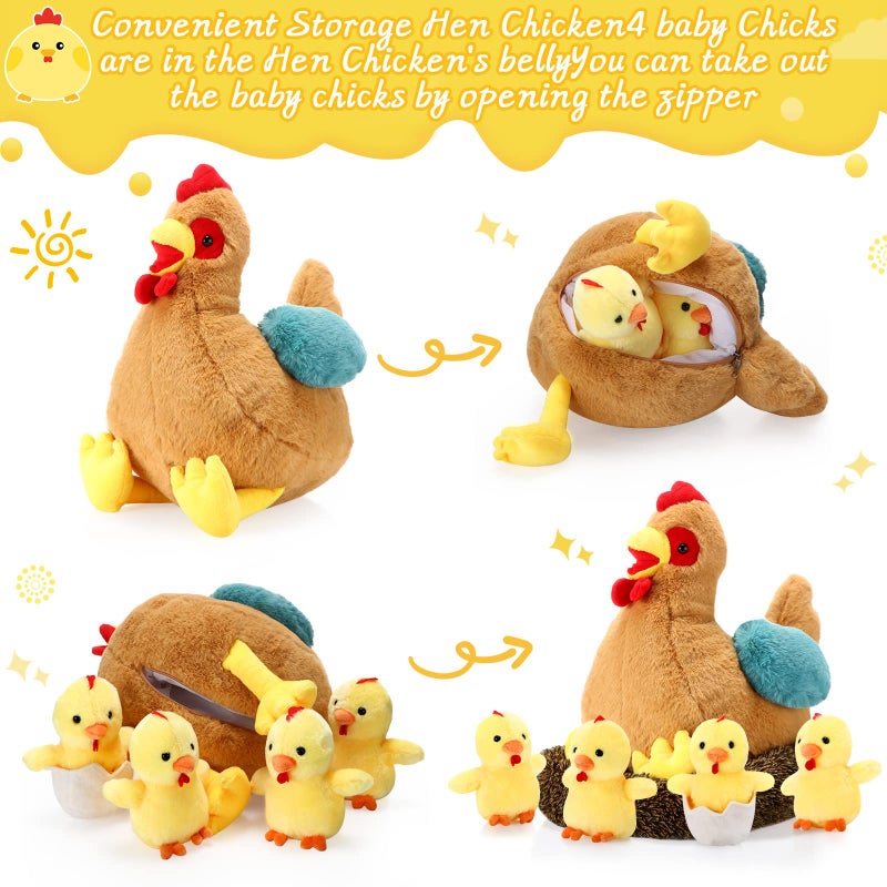 Skylety Chicken Stuffed Animal Plush Toy Egg Laying Hen with Zippered Belly, Hen House and Little Baby Chicks for Easter Stuffers Party Supplies(Vivid Style) - Image 4
