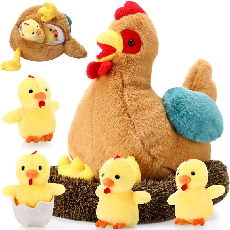 Skylety Chicken Stuffed Animal Plush Toy Egg Laying Hen with Zippered Belly, Hen House and Little Baby Chicks for Easter Stuffers Party Supplies(Vivid Style) - Image 1