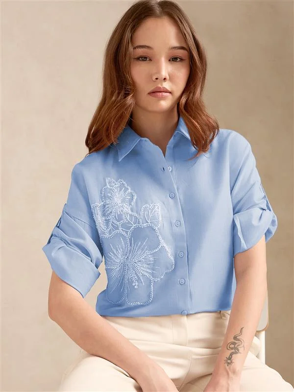Outzidr  Blue Floral Embroidered Applique Shirt for Women | Best Price UAE