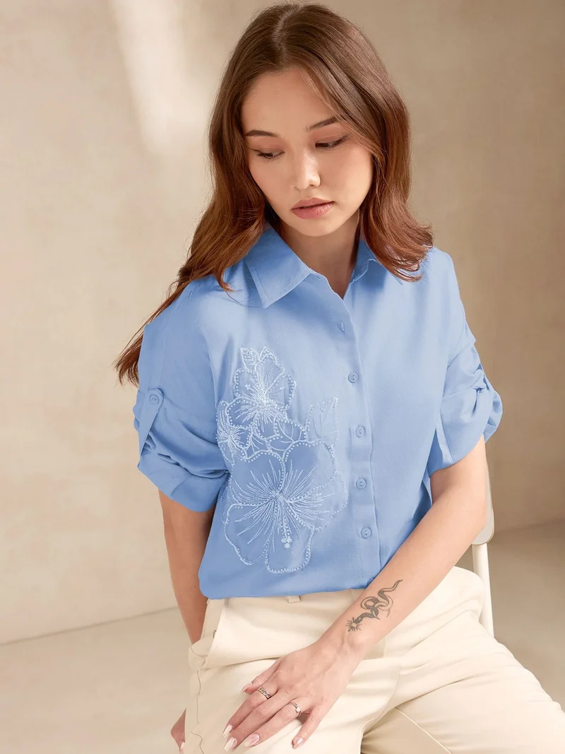 Outzidr  Blue Floral Embroidered Applique Shirt for Women | Best Price UAE