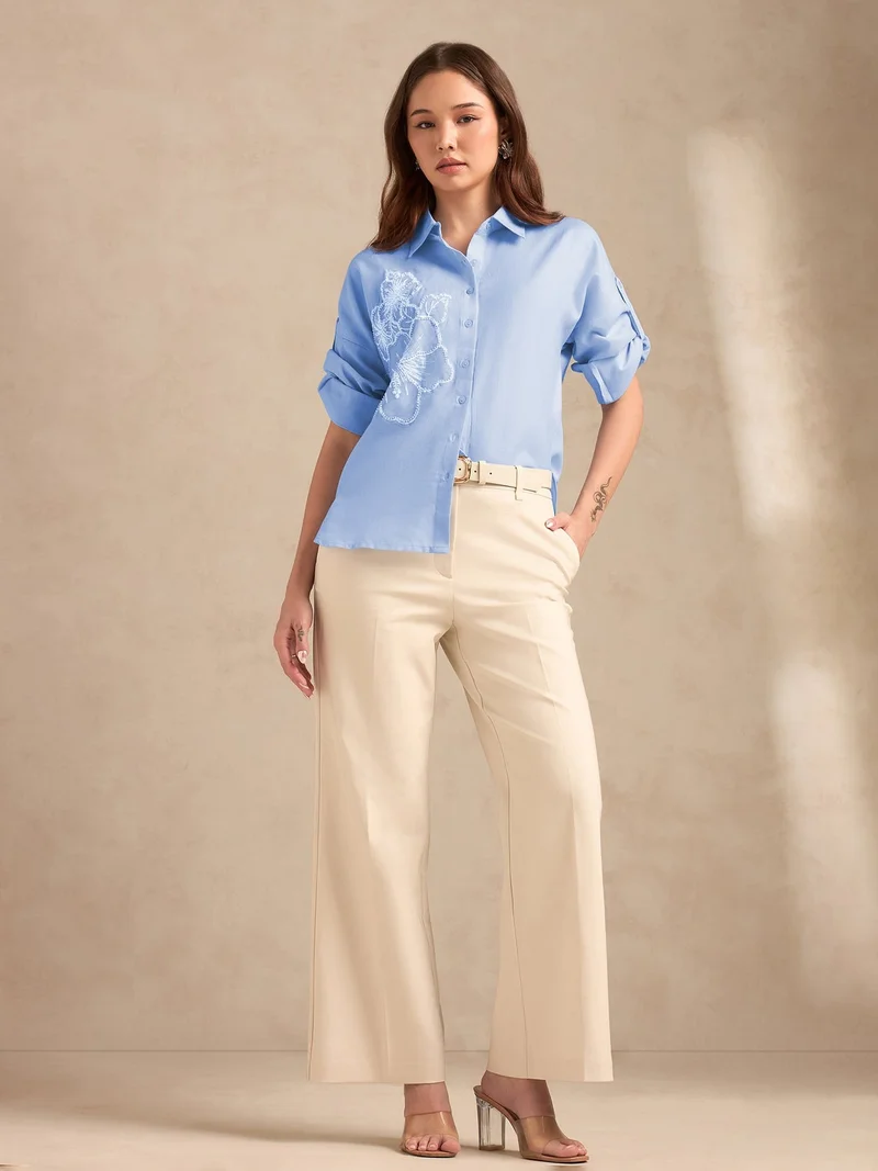 Outzidr  Blue Floral Embroidered Applique Shirt for Women | Best Price UAE