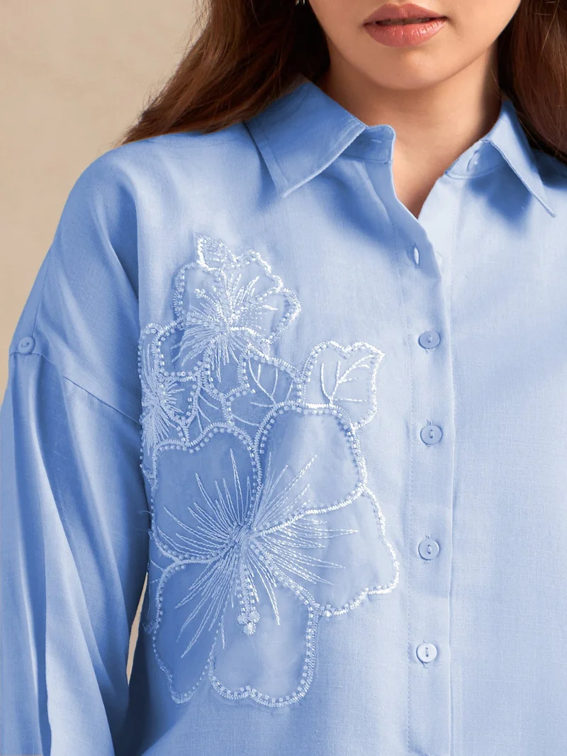 Outzidr  Blue Floral Embroidered Applique Shirt for Women | Best Price UAE