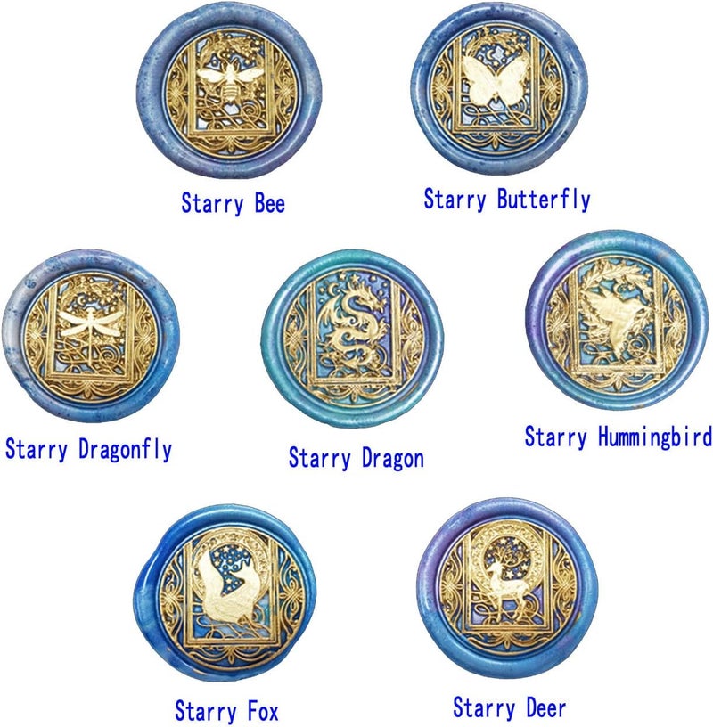 ANBOSE Wax Seal Stamp kit, Animal Wax Seal Stamp Set with 7 PCS Removable Brass Heads and 1 Wooden Handle, Starry Butterfly Dragonfly Bee Dragon Sealing Wax Stamp for Cards Invitations - Image 2