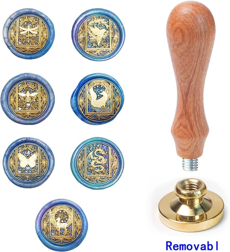 ANBOSE Wax Seal Stamp kit, Animal Wax Seal Stamp Set with 7 PCS Removable Brass Heads and 1 Wooden Handle, Starry Butterfly Dragonfly Bee Dragon Sealing Wax Stamp for Cards Invitations - Image 3