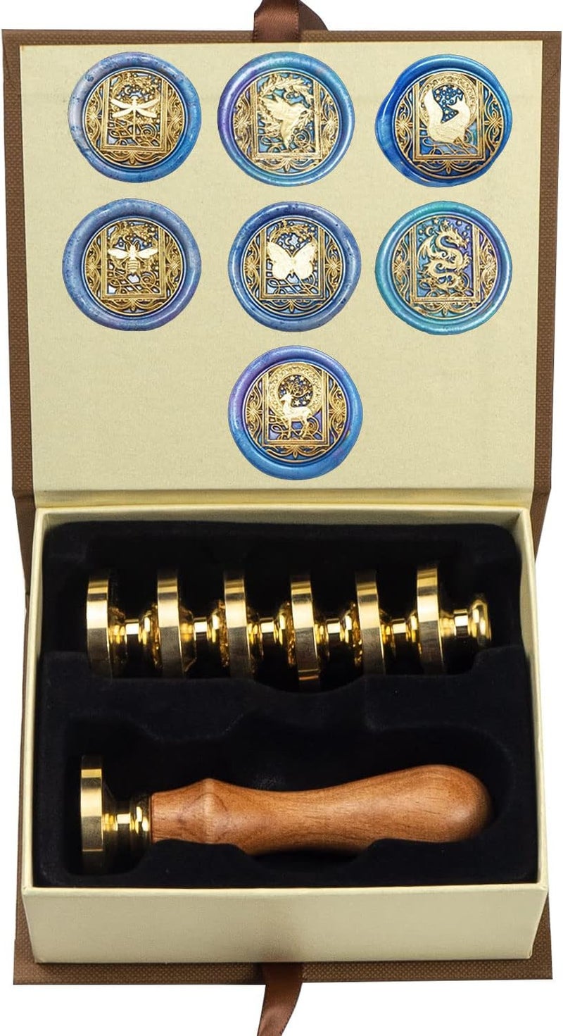 ANBOSE Wax Seal Stamp kit, Animal Wax Seal Stamp Set with 7 PCS Removable Brass Heads and 1 Wooden Handle, Starry Butterfly Dragonfly Bee Dragon Sealing Wax Stamp for Cards Invitations - Image 1