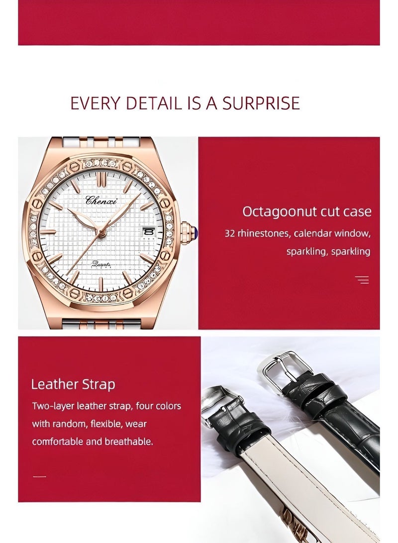 Chenxi Women’s Quartz Wrist Watch with Luxury Diamond-Studded Design, Water Resistant, Scratch-Resistant Glass, Leather Strap with Elegant Box - Image 4