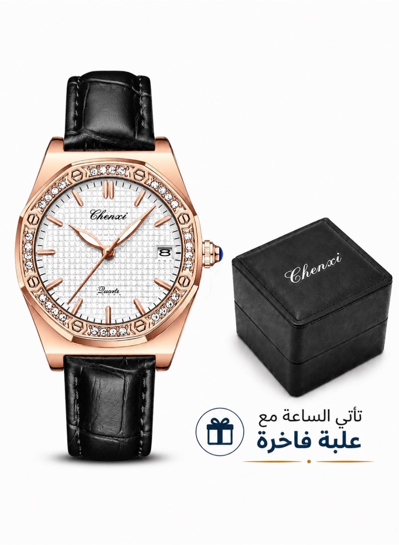 Chenxi Women’s Quartz Wrist Watch with Luxury Diamond-Studded Design, Water Resistant, Scratch-Resistant Glass, Leather Strap with Elegant Box - Image 1