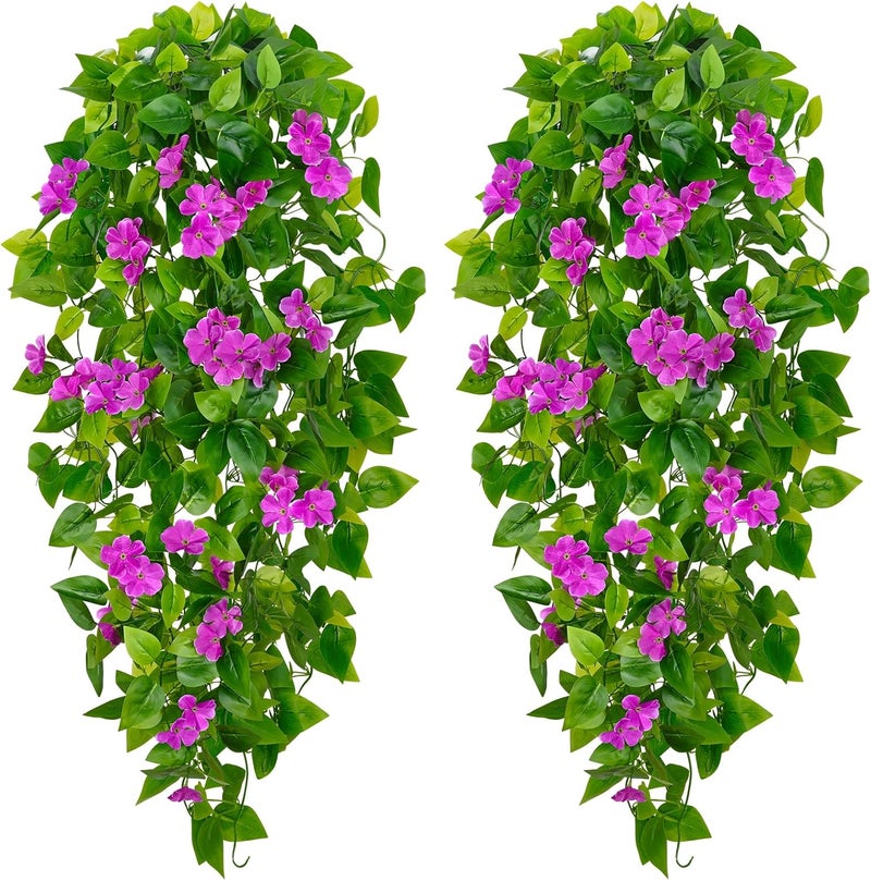 BLEUM CADE Fake Hanging Plants, 2pcs Artificial Hanging Plant, Faux Pothos Vines with Flowers Greenery for Wall Home Living Room Indoor Outdoor Decor (No Baskets, Purple) - Image 1