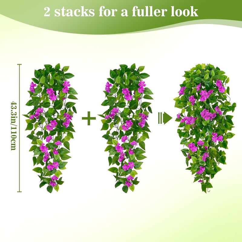 BLEUM CADE Fake Hanging Plants, 2pcs Artificial Hanging Plant, Faux Pothos Vines with Flowers Greenery for Wall Home Living Room Indoor Outdoor Decor (No Baskets, Purple) - Image 2