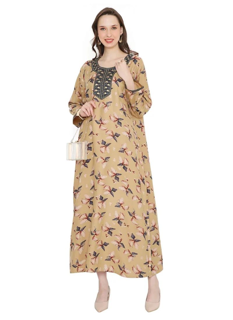 HANA & SARA FLORAL PRINTED WITH SMALL STONE WORK ON EMBROIDERY STYLISH FARASHA KAFTAN JALABIYA DRESSES