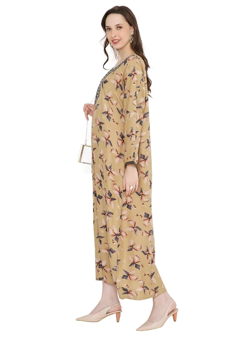 HANA & SARA FLORAL PRINTED WITH SMALL STONE WORK ON EMBROIDERY STYLISH FARASHA KAFTAN JALABIYA DRESSES