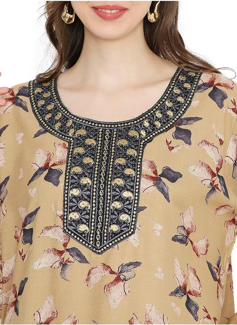 HANA & SARA FLORAL PRINTED WITH SMALL STONE WORK ON EMBROIDERY STYLISH FARASHA KAFTAN JALABIYA DRESSES