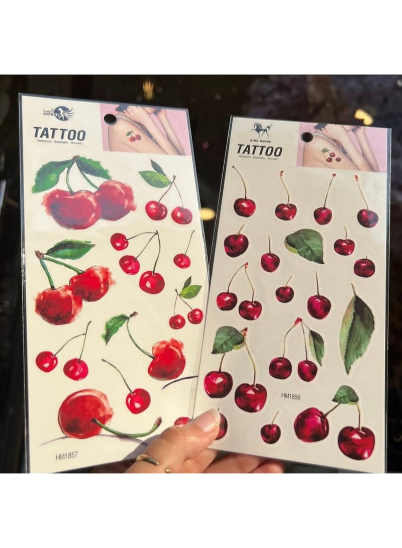 "Cherry Tattoo" – A 2-piece pack of waterproof temporary tattoos for women featuring realistic cherry designs. Includes elegant English phrases, flowers, bows, cherries, and lips (designs may vary between packs). - Image 4