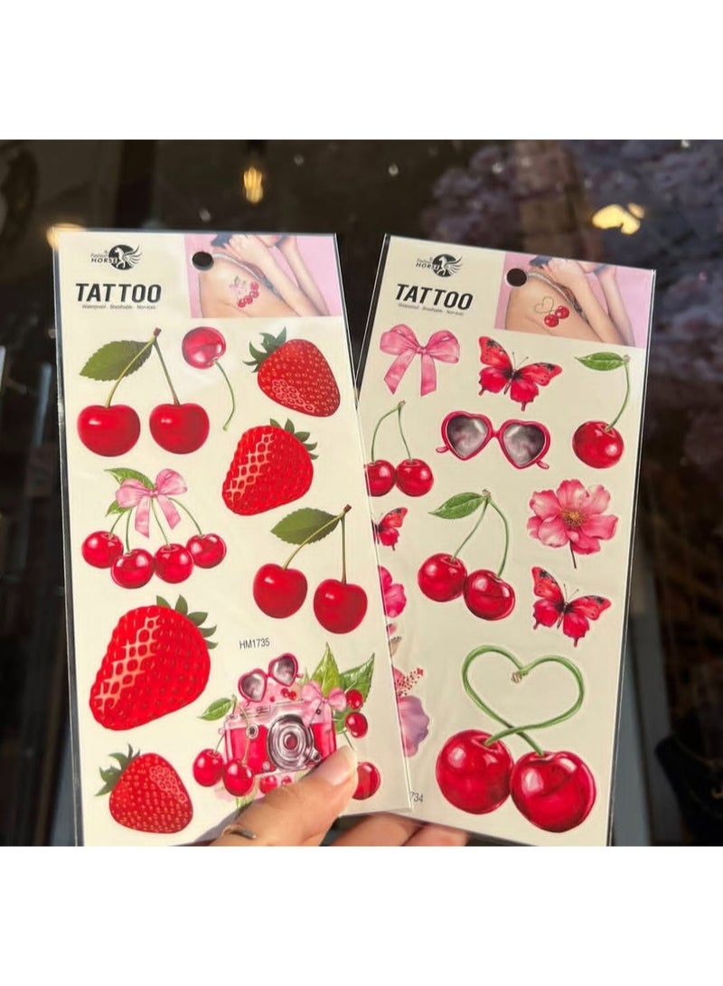 "Cherry Tattoo" – A 2-piece pack of waterproof temporary tattoos for women featuring realistic cherry designs. Includes elegant English phrases, flowers, bows, cherries, and lips (designs may vary between packs). - Image 5