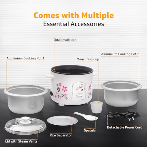 V-Guard VRC 1.8-Litre Electric Rice Cooker with 700 W Power, 2 Pots, Spatula, Rice Separator 5-Yr Heating Plate & 2-Yr Product Coverage Automatic Cooking with Double-Layered Body & Cool Touch Handles. - Image 3