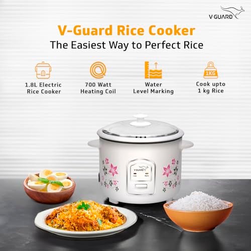 V-Guard VRC 1.8-Litre Electric Rice Cooker with 700 W Power, 2 Pots, Spatula, Rice Separator 5-Yr Heating Plate & 2-Yr Product Coverage Automatic Cooking with Double-Layered Body & Cool Touch Handles. - Image 2