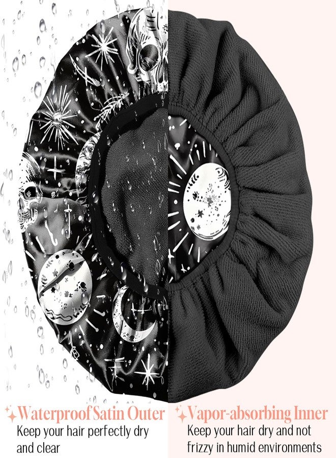 BHAHB Luxury Shower Cap Reusable Terry Cloth Lined EVA Triple Waterproof Layer Elastic Hair Bath Caps for Women Girls Cute-Skull - Image 5