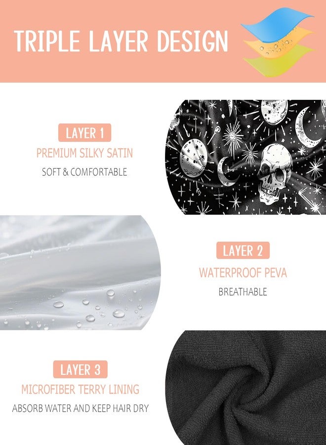 BHAHB Luxury Shower Cap Reusable Terry Cloth Lined EVA Triple Waterproof Layer Elastic Hair Bath Caps for Women Girls Cute-Skull - Image 3