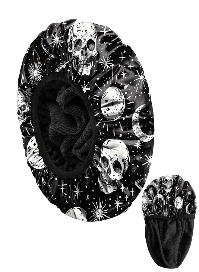 BHAHB Luxury Shower Cap Reusable Terry Cloth Lined EVA Triple Waterproof Layer Elastic Hair Bath Caps for Women Girls Cute-Skull - Image 1