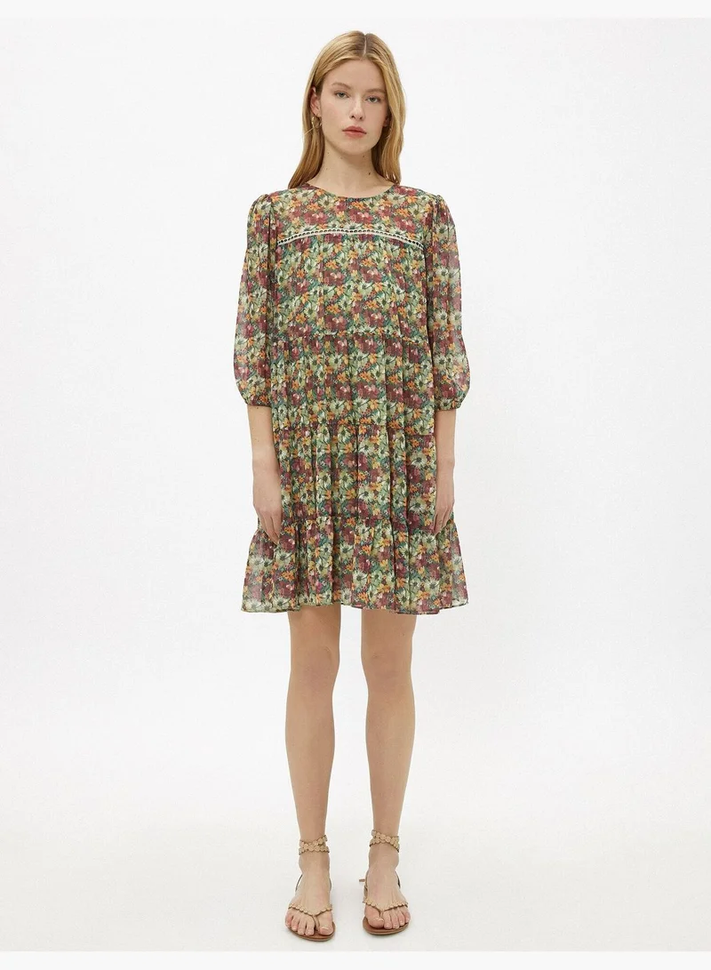 KOTON Floral Dress Tulle 3/4 Sleeve Crew Neck