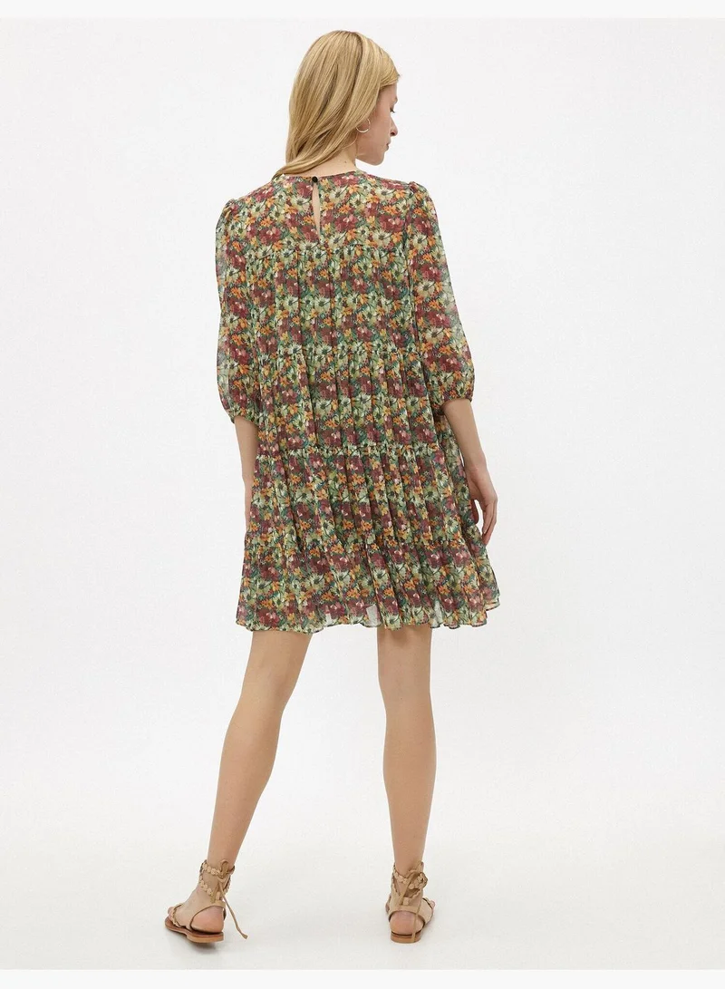 KOTON Floral Dress Tulle 3/4 Sleeve Crew Neck