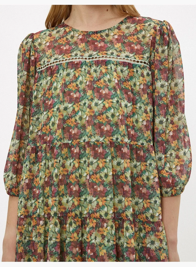 KOTON Floral Dress Tulle 3/4 Sleeve Crew Neck