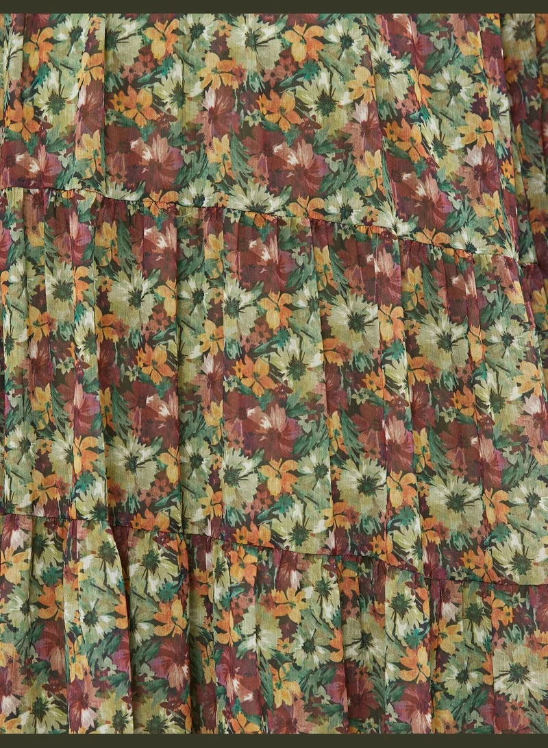 KOTON Floral Dress Tulle 3/4 Sleeve Crew Neck