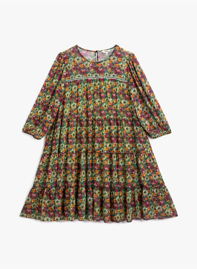 KOTON Floral Dress Tulle 3/4 Sleeve Crew Neck