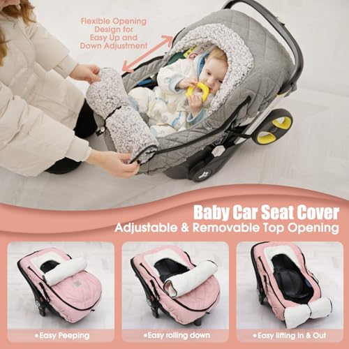 ACRABROS Car Seat Cover Baby: Winter Infant Carseat Canopy for Boy Girl Newborn, Zipper Peeping Window, Warm Cozy Cold Weather Waterproof Fitted, Pink - Image 2