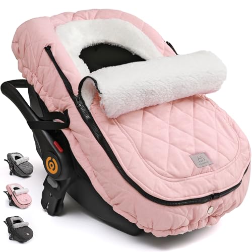 ACRABROS Car Seat Cover Baby: Winter Infant Carseat Canopy for Boy Girl Newborn, Zipper Peeping Window, Warm Cozy Cold Weather Waterproof Fitted, Pink - Image 1