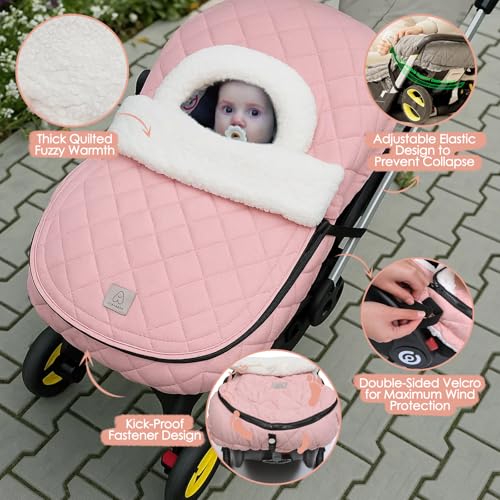ACRABROS Car Seat Cover Baby: Winter Infant Carseat Canopy for Boy Girl Newborn, Zipper Peeping Window, Warm Cozy Cold Weather Waterproof Fitted, Pink - Image 5