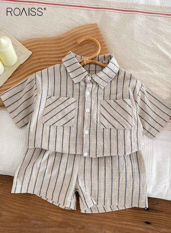 roaiss 2 Piece Comortable Clothing Set for Toddler Boys, Striped Shirt and Shorts Set, Stylish Summer Outfit with Short Sleeve Top and Elastic Waist Short Pants  - Image 2