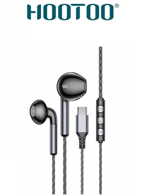 Type-C wired headphones, high-definition, powerful headphones with a clear and pure microphone, 1-meter headphones, equipped with buttons to lower and raise the volume and stop, headphones compatible with iPhone, Samsung, Huawei, Xiaomi and other devices. Black
