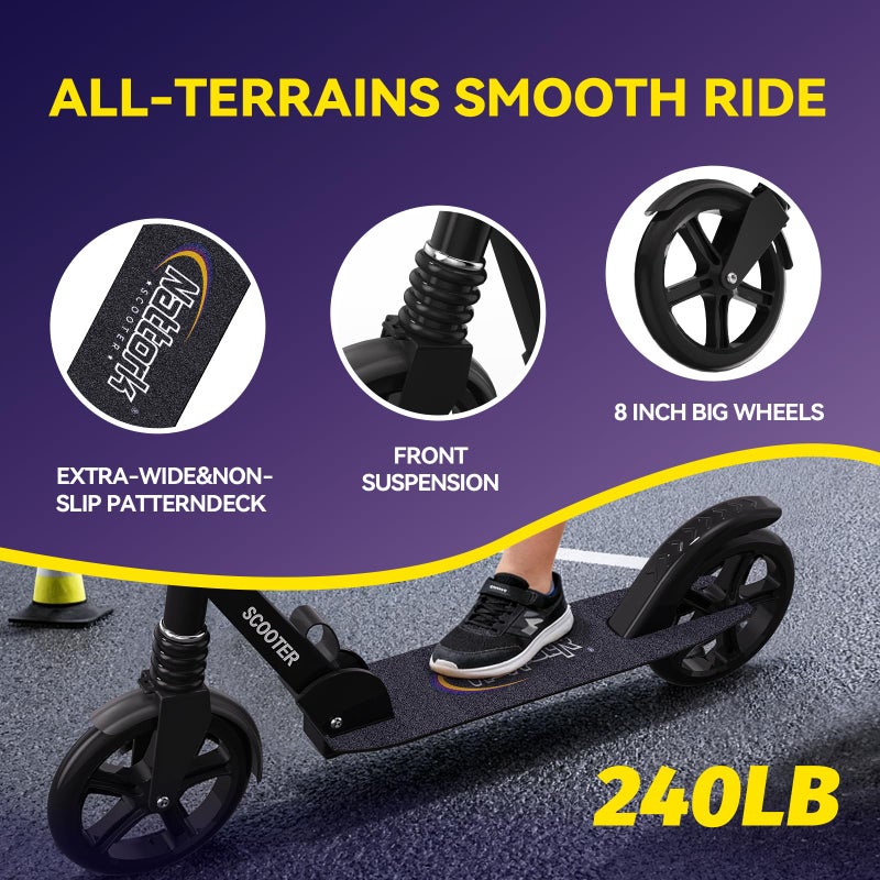 Nattork Kick Scooter for Teens Adults, Max Load 240 LBS, Adjustable Height Foldable with 8" Large Wheels, Anti-Shock Suspension Navy Blue - Image 2