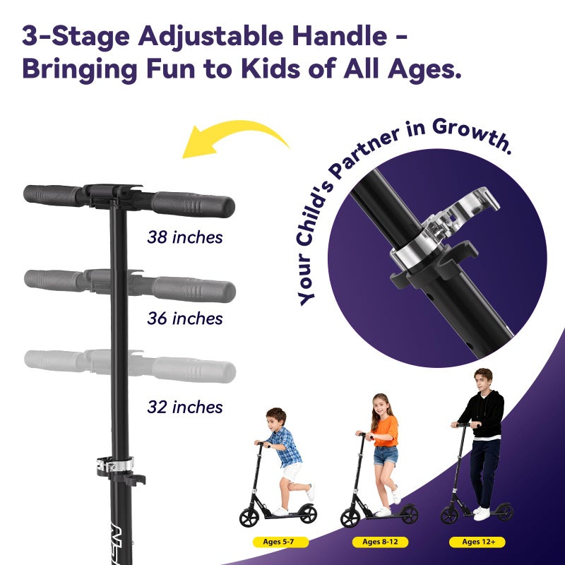 Nattork Kick Scooter for Teens Adults, Max Load 240 LBS, Adjustable Height Foldable with 8" Large Wheels, Anti-Shock Suspension Navy Blue - Image 4