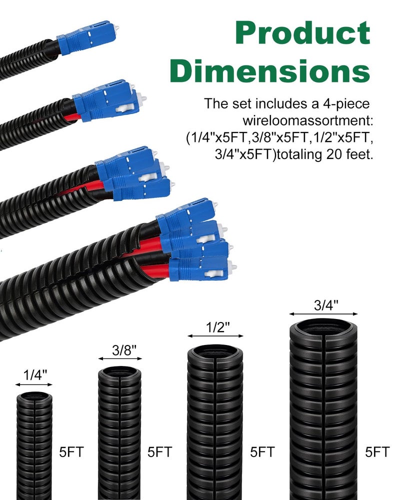 MUZIK Split Wire Loom Tubing, 4 Pack 120 Ft Wire Loom, 1/4" 3/8" 1/2" 3/4" x 30FT Black Flame Retardant PP Conduit for Automotive Wiring & Cable Protection - Image 2