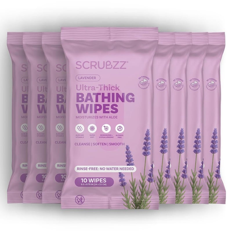 scrubzz Extra Large Bath Wipes for Adults Bathing No Rinse - 80 Disposable Body Cleansing Wipes for Men, Women & Elderly - Great for Gym, Camping, Post Surgery - Shower Wipes - Lavender - Image 1