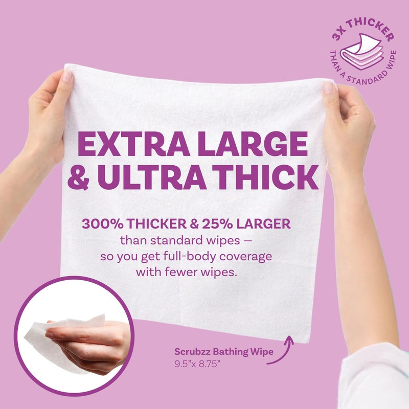 scrubzz Extra Large Bath Wipes for Adults Bathing No Rinse - 80 Disposable Body Cleansing Wipes for Men, Women & Elderly - Great for Gym, Camping, Post Surgery - Shower Wipes - Lavender - Image 2