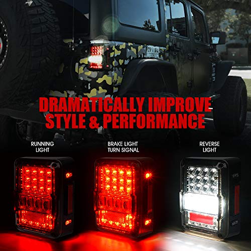 Xprite أضواء خلفية LED مدخنة 4D من Xprite تناسب جيب رانجلر JK JKU صحارى/روبيكون/سبورت 2007-2018، أضواء خلفية قابلة للتوصيل والتشغيل مع مقاومات مدمجة، أضواء مواقف، أضواء فرامل، أضواء إشارة انعطاف وأضواء عكس، معتمدة من DOT - Image 4