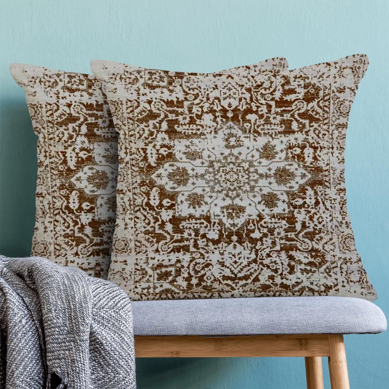 AEIOAE Boho Pillow Covers 18x18 Inch Set of 2 Brown Beige Carpet Pattern Throw Pillows Case Ethnic Design Retro Outdoor Decorative Square Linen Farmhouse Decor Cushion Covers for Home Sofa Couch - Image 2