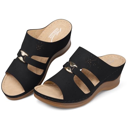 SHIBEVER Wedge Sandals for Women Hollow Out Slip On Platform Wedge Sandals Summer Casual Walking Shoes Black Size 9 - Image 2